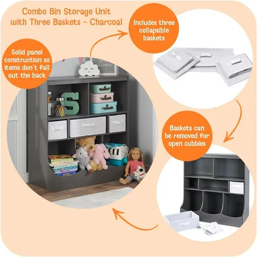 Vista 2 de Badger Basket Combo Bin Unidad de almacenamiento de juguetes y estante para libros para niños con 3 cestas - Gris oscuro