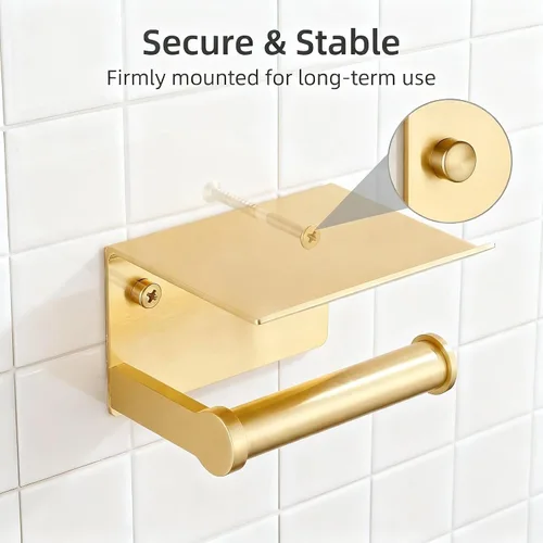 Vista 10 de Youda - Soporte de papel higiénico dorado con soporte de pared para estante, autoadhesivo o montaje con tornillo, aluminio inoxidable, se adapta a