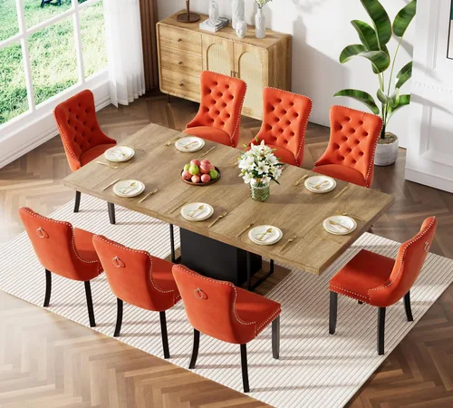 Vista 22 de Mesa de comedor extensible de 78.74 pulgadas para 6 8 y 10 pulgadas, moderna mesa de comedor extensible de granja con base de doble pedestal, mesa
