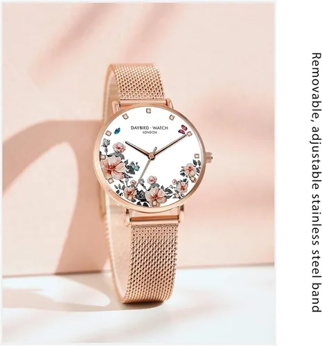 Vista 3 de RORIOS - Reloj de pulsera para mujer con esfera de flores y correa de malla de acero inoxidable analógico de cuarzo para mujer
