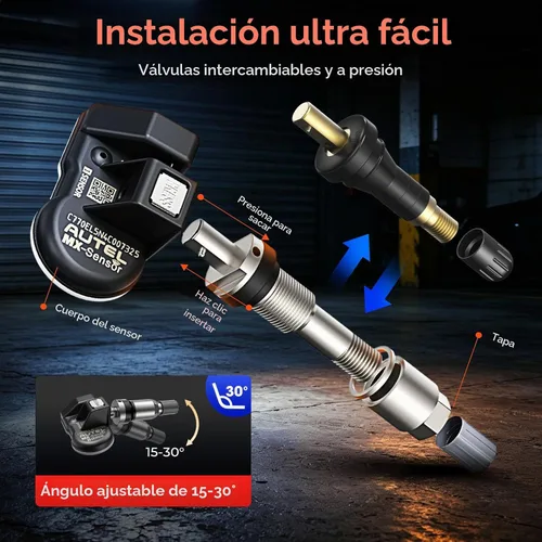 Vista 5 de Autel Juego de 4 sensores TPMS, sensor MX, sensor de presión de neumáticos MaxiTPMS 2 en 1 (315 MHz + 433 MHz), sensor OE de inserción programable