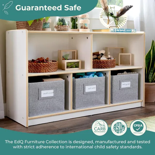 Vista 3 de Guidecraft EdQ - Almacenamiento de 5 compartimentos de 24 pulgadas, color blanco con 3 contenedores de tela: estantería multiusos de madera