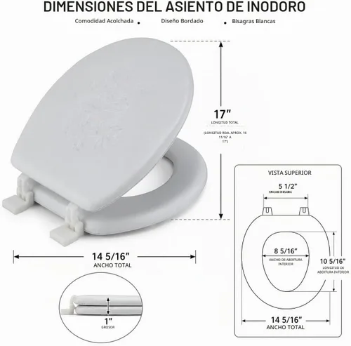 Vista 2 de J&V Textiles Asiento de inodoro redondo, suave y bordado con bisagra fácil de limpiar y cambiar, acolchado (blanco)