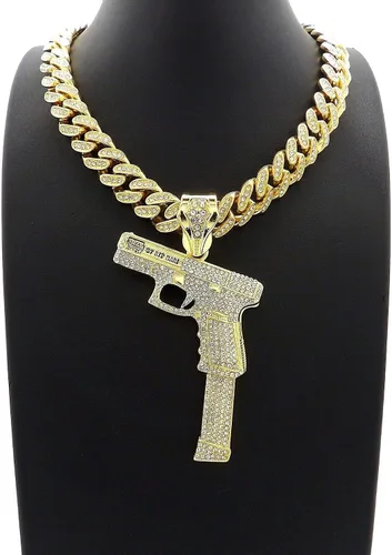 Vista 2 de Pyramid Jeweler Colgante de pistola de oro o plata para hombre Hip Hop y cadena de gargantilla cubana de Miami de 0.472in, Metal, Circonia cúbica