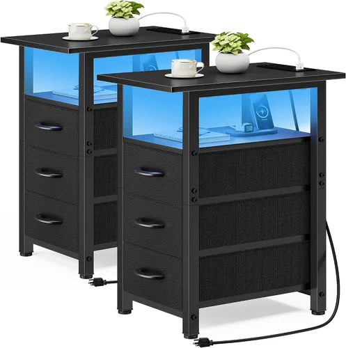 Vista 18 de Vagusicc Mesita de noche negra con estación de carga y luces LED, mesa auxiliar estrecha, mesita de noche LED con 3 cajones de tela para dormitorio