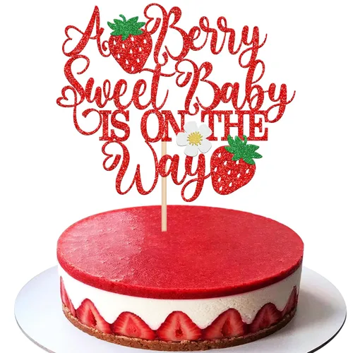 Vista 20 de 24 piezas de adornos para cupcakes de fresa, purpurina roja, temas de frutas, bayas y fresas, para verano, dulces, baby shower, fiesta