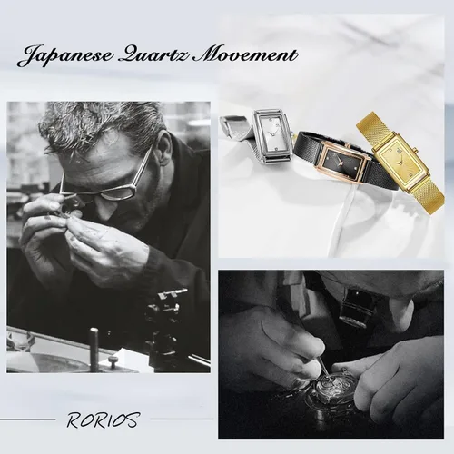 Vista 4 de RORIOS Reloj para mujer, esfera rectangular, reloj analógico de cuarzo con correa de malla de acero inoxidable, reloj de pulsera clásico para mujer