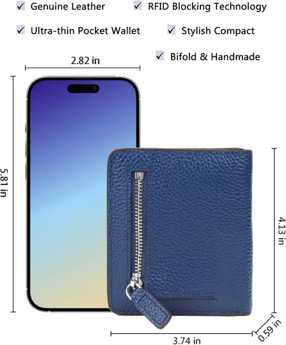 Vista 5 de BIG SALE-AINIMOER billetera de bolsillo pequeña con cremallera, plegable, compacta de cuero con bloqueo por identificación por radiofrecuencia