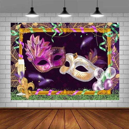 Vista 4 de Telones de fondo de Mardi Gras de 7 x 5 pies para fotografía, decoraciones de fiesta de máscaras, máscaras moradas y blancas, fondo de fotografía
