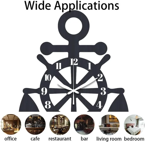 Vista 3 de CHGCRAFT Anchor Timón - Reloj de pared con patrón de timón de 16.3 pulgadas, de grano de madera azul oscuro, sin tictac, de forma irregular, reloj