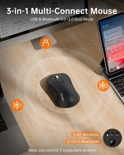 Vista 4 de TECKNET Ratón Bluetooth inalámbrico de 3 dispositivos con rueda de Negro carbón