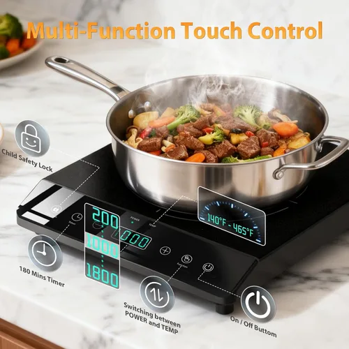 Vista 2 de Placa de inducción de quemador único, cocina de inducción portátil certificada ETL de 1800 W, bobina de calentamiento grande de 8 pulgadas, 12