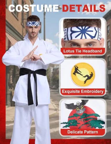 Vista 4 de Disfraz de karate para hombres adultos, conjunto de 4 piezas de uniforme de karate de Halloween