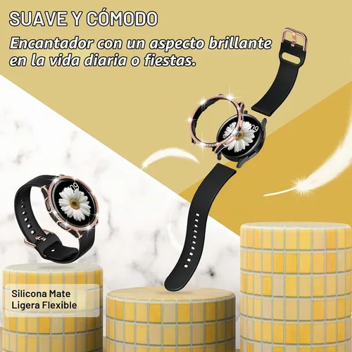 Vista 3 de DABAOZA Compatible con Samsung Galaxy Watch 4 5 Banda de 1.575 y 1.732 pulgadas con funda de parachoques con purpurina, correa ajustable suave y oro