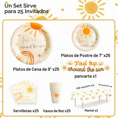 Vista 2 de Decoraciones de cumpleaños de primer viaje alrededor del sol – Decoraciones de primer cumpleaños de arco iris para niñas y niños, platos