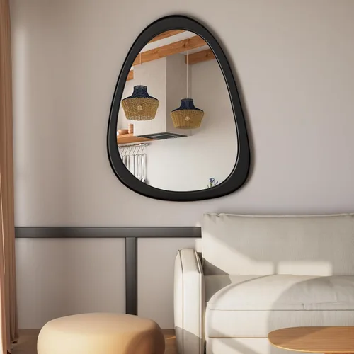 Vista 12 de Espejo de pared irregular de 22.5" x 17.5", espejo con marco de madera negra, espejo de pared asimétrico para sala de estar, dormitorio, baño