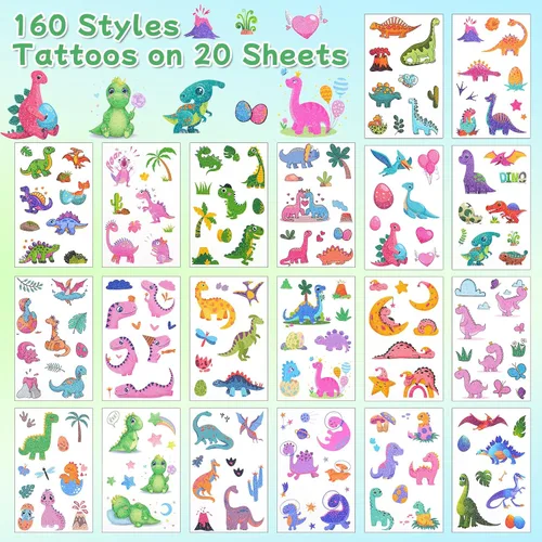 Vista 2 de Ozepao Tatuajes temporales con purpurina de dinosaurio para niños, 160 estilos, recuerdos de fiesta de dinosaurio, suministros de fiesta