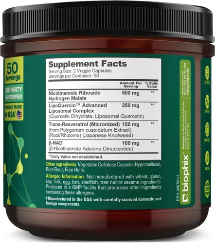 Vista 8 de biophix Suplemento liposomal NAD+ para mujeres y hombres, 1000 mg por porción, ribósido de nicotinamida, resveratrol micronizado y complejo