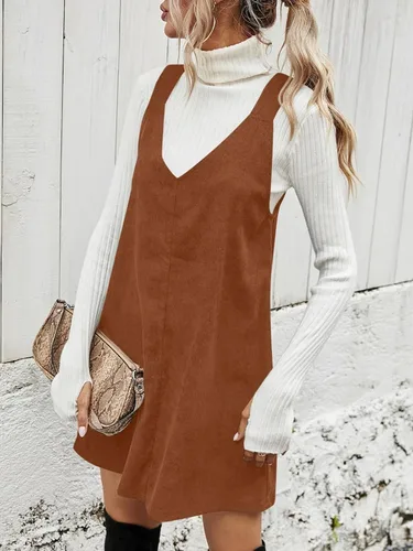 Vista 2 de Koinshha Vestido de pana de moda para mujer, con cuello en V, sin mangas, lindo vestido corto