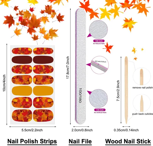 Vista 4 de 8 hojas de esmalte de uñas de otoño para mujer, hojas de arce, tiras de esmalte de uñas de gel, autoadhesivas, manicura con lima y palito para Otoño