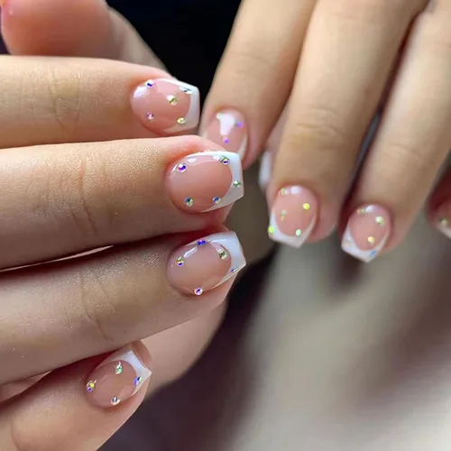 Vista 8 de Uñas postizas cortas cuadradas MABKJLF, uñas francesas falsas con gradiente, uñas de cobertura completa, flores blancas, uñas falsas con diseños
