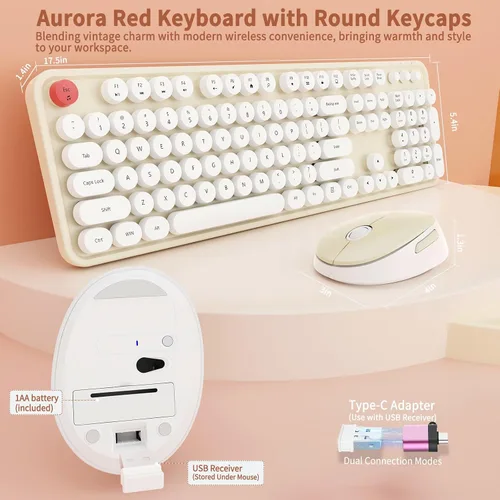 Vista 3 de HotFox Combo de Teclado y Ratón Inalámbrico, Teclado Retro de Máquina de Escribir de Tamaño Completo con Keycaps Redondos, Diseño Ergonómico para PC