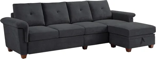 Vista 7 de Sofá Seccional Convertible, Sofá en Forma de L de 4 Asientos con Almacenamiento, Respaldo Alto y Portavasos, Sofás Modernos de Tela de Microfibra