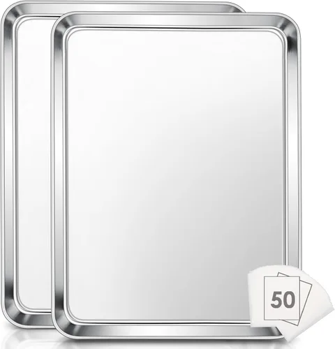 Vista 10 de E-far - Juego de 2 bandejas pequeñas para hornear, horno tostador de acero inoxidable de 9.4 x 7.3 pulgadas con 50 papeles pergaminos, mini bandeja