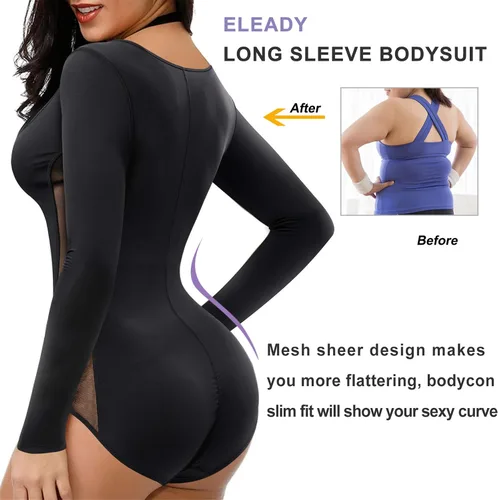 Vista 4 de Eleady Body de manga larga para mujer overol ajustado camiseta básica leotardo con control de abdomen y cintura