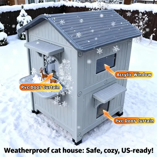 Vista 5 de Casa para gatos climatizada resistente a la intemperie para gatos ferales, refugio elevado de plástico aislado de 2 pisos con puerta de escape, Gris