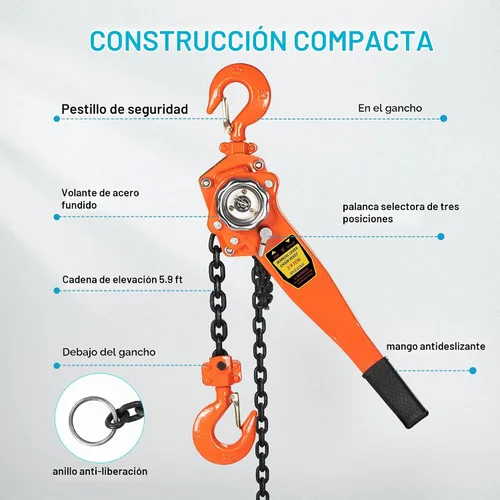 Vista 6 de SPECSTAR Polipasto de Cadena con Palanca de 3/4 Tonelada, Capacidad de 1650 Libras, 5 Pies con 2 Ganchos de Servicio Pesado, Cadena