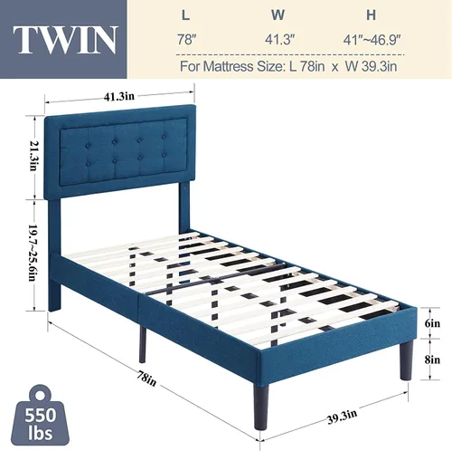 Vista 2 de VECELO Base de cama tapizada tamaño individual con cabecera de tela ajustable en altura, base de cama de plataforma resistente, base de colchón