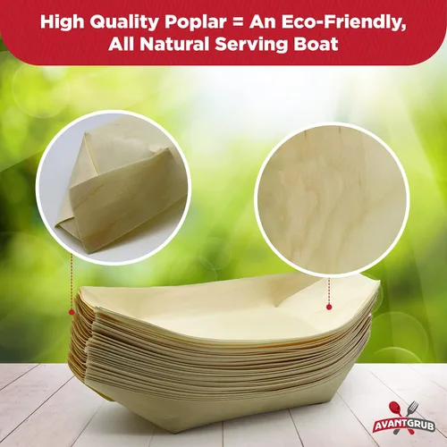Vista 6 de Paquete de 25 botes de sushi biodegradables extra grandes de 10 pulgadas. Platos de aperitivo 100% desechables. Bandejas de alimentos de madera