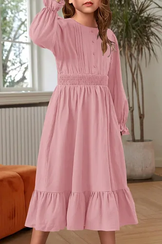 Vista 2 de HOSIKA Vestido casual de otoño de manga larga con cuello redondo y volantes escalonados y bolsillos para niñas de 6 a 12 años