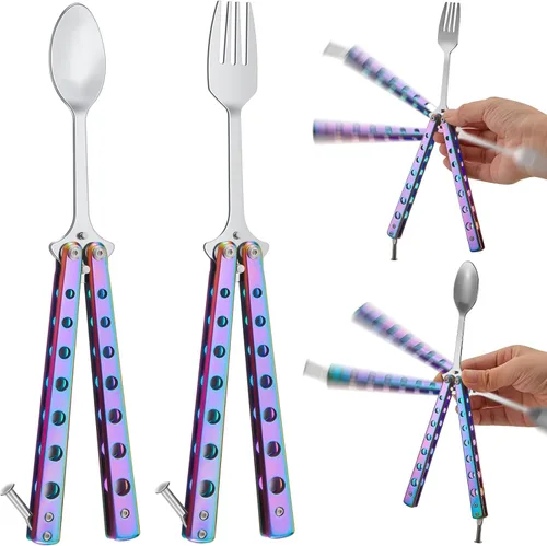Vista 9 de Flutesan Juego de 2 Piezas de Tenedor y Cuchara Mariposa, Cuchara Táctica Mariposa Plegable de Acero Inoxidable Conjunto de Utensilios Spork