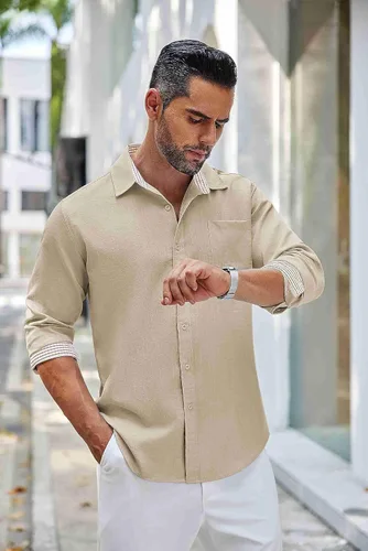 Vista 2 de COOFANDY Camisa de lino con botones para hombre, de manga larga, informal, para playa, con bolsillo