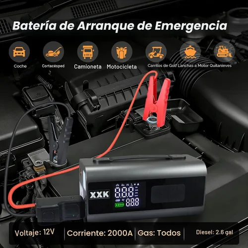 Vista 5 de Inflador de neumáticos, compresor de aire portátil, batería de 2000 A, arranque de automóvil, apagado automático, bomba de aire de 160 PSI
