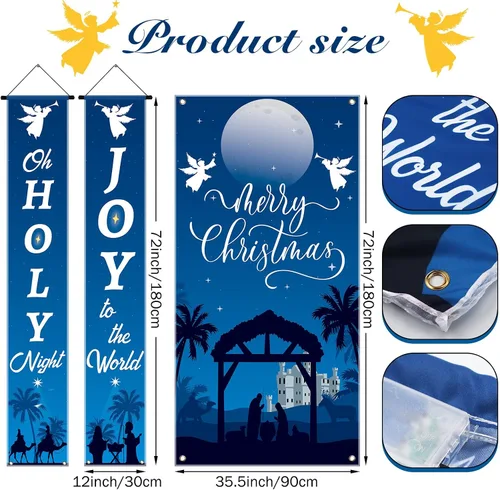 Vista 2 de Preboun 3 pancartas colgantes de Navidad con luces LED para el porche de Navidad con cadena de luces LED para decoración de invierno, Navidad