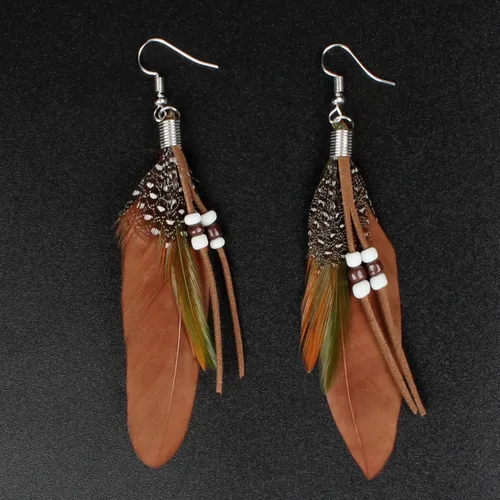 Vista 3 de Aretes colgantes de plumas nativas para mujer, aretes largos de pavo real bohemio con gancho, Pluma