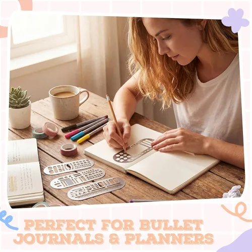 Vista 5 de Chinco 4 Pieces Stencils Metal Journal Template 7.9 x 2.4 Inches Bookmark Ruler School Supplies Stainless Steel Stencils Set for DIY, Engraving