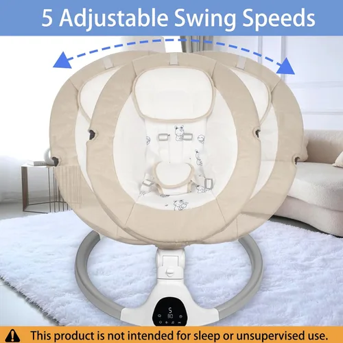 Vista 2 de Columpio eléctrico para bebés, columpio ajustable de 5 velocidades con música Bluetooth, temporizador, arnés de 5 puntos y base estable para uso