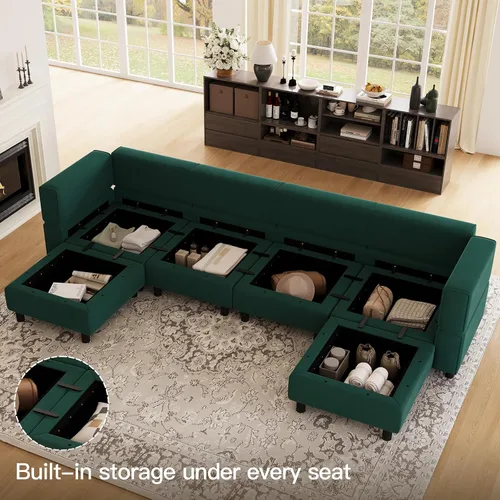 Vista 4 de Belffin Sofá Seccional Modular de Gran Tamaño en Forma de U Sofá Seccional con Chaise Reversible Sofá Modular de Terciopelo en Forma de U con Verde