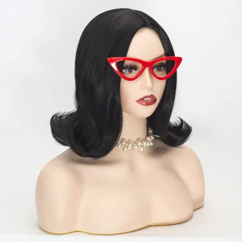 Vista 2 de Peluca corta negra Bob para mujer, disfraz de cosplay, Halloween + gafas rojas Negro