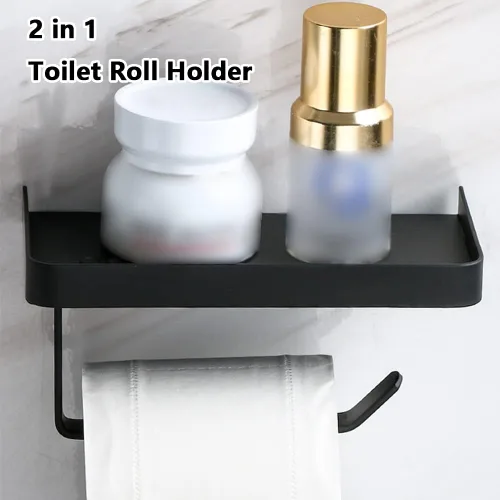 Vista 3 de Soporte adhesivo de papel higiénico con estante, soporte de rollo de papel higiénico de acero inoxidable 304, dispensador de papel higiénico