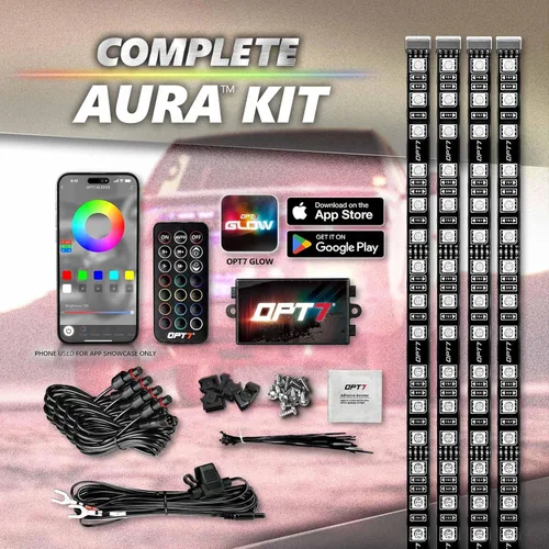 Vista 6 de OPT7 Aura PRO - Kit de iluminación LED Bluetooth de 4 piezas para rejilla Tiras multicolor de 12 pulgadas con SoundSync - Valencia de parrilla