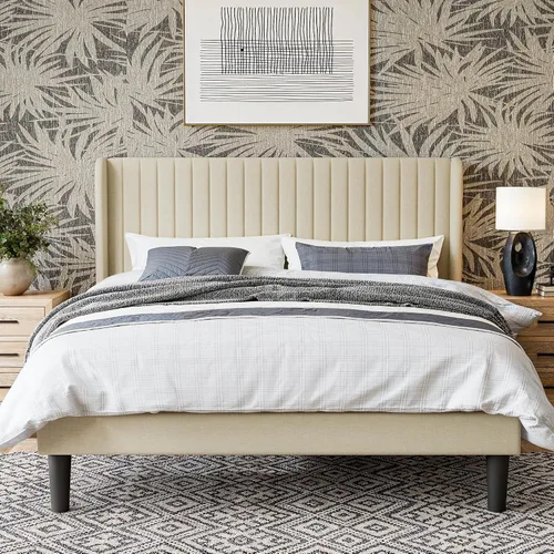 Vista 3 de GOLDORO Marco de cama abatible tamaño Queen, cabecera tapizada vertical con botones en forma de ala, soporte de listones de madera, no necesita Beige