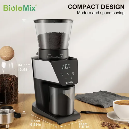 Vista 13 de BioloMix Molinillo de café eléctrico, molinillo cónico de rebabas