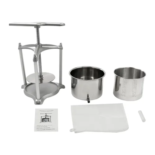 Vista 9 de Máquina manual de prensa de vino de frutas con mango en T y bolsa de filtro, molinillo de sidra de frutas de estructura triangular con barriles