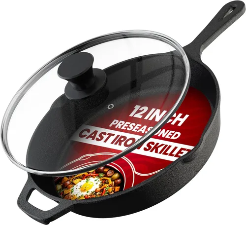 Vista 9 de Utopia Kitchen Sartén de Saltear y Freír de Hierro Fundido Pre-Sazonada con Tapa, Sartén, Olla de Hierro Fundido, Utensilios de Cocina Seguros