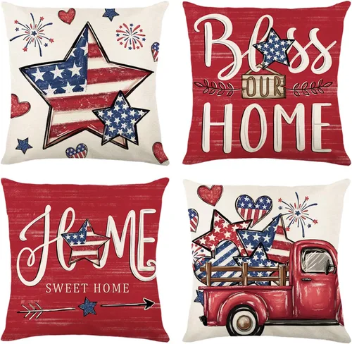 Vista 11 de ONFAON Juego de 4 fundas de almohada decorativas para el 4 de julio, 18 x 18 pulgadas, juego de 4 almohadas patrióticas del Día de la Independencia